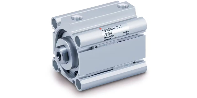 PneumaticDesignsEvolvingtoIndustTrends-Image1 Compact pneumatic components, like the pictured CQ2 Series cylinder, can help manufacturers meet sustainability goals by using less material.